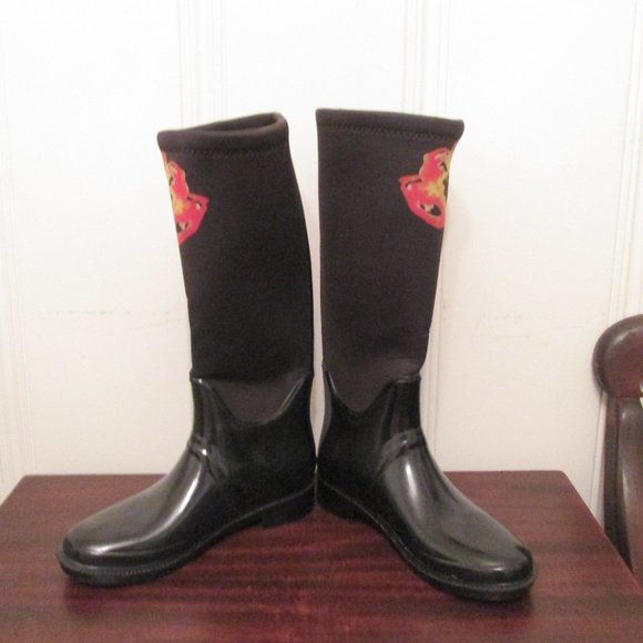Cougar Tall Black Red Floral Rain Boots 7 Pretty! - Picture 4 of 12